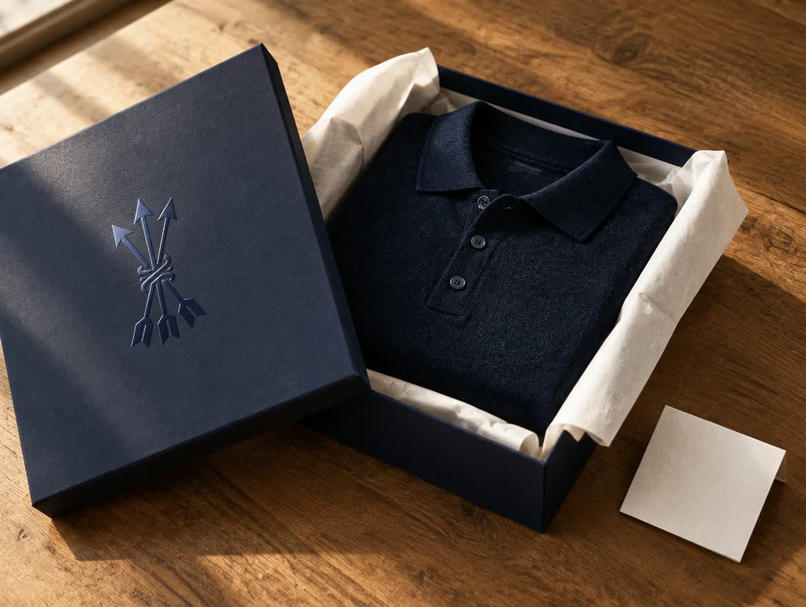 Een mat navy doos met het pijlenlogo in glanslak, geopend, met vloeipapier en een gevouwen navy merino polo, op een eikenhouten tafel