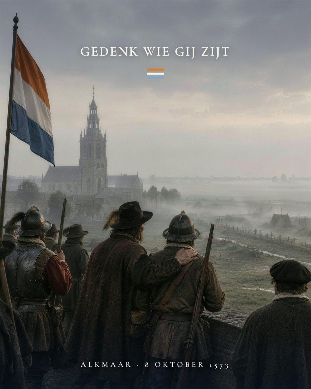 Verdedigers op de wallen van Alkmaar kijken over het land, onder de oranje-wit-blauwe vlag, op 8 oktober 1573.