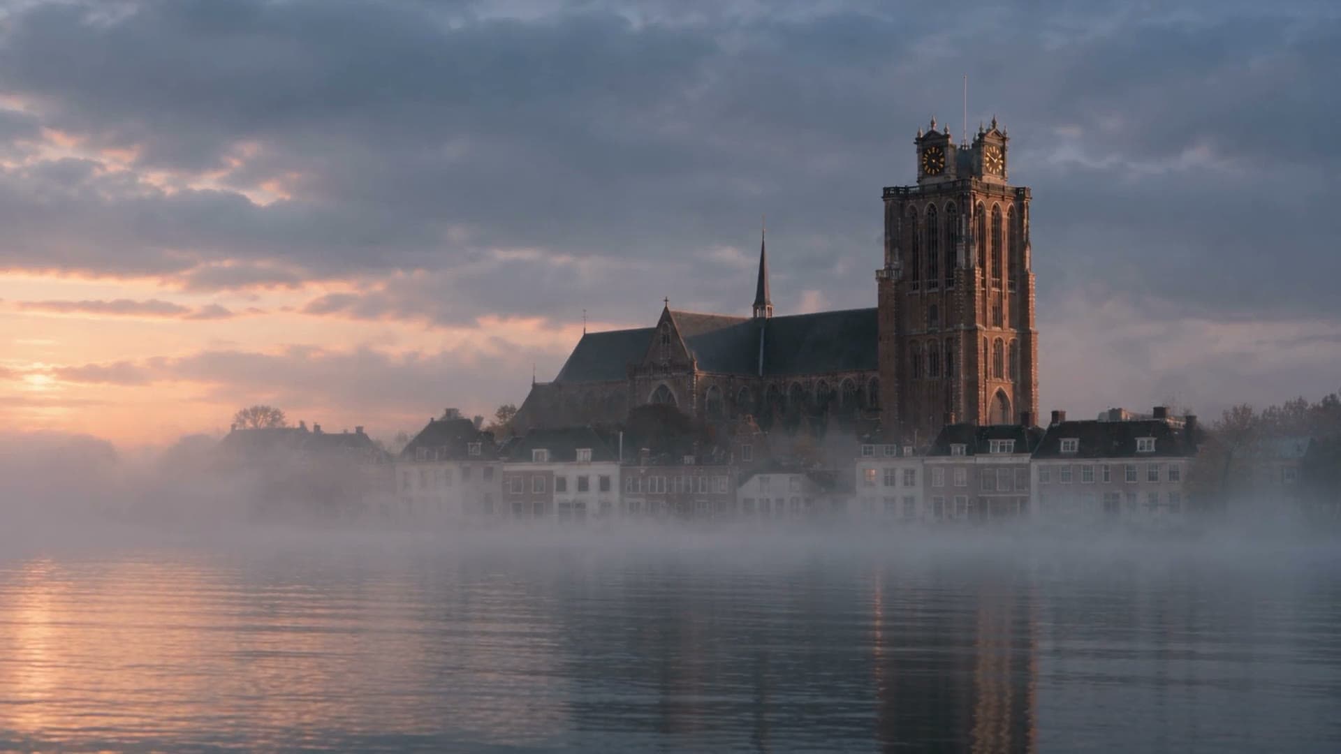 De Grote Kerk van Dordrecht in de ochtendmist, gezien vanaf de rivier